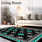 Black Snowflake Teal Floral Geometric Border Rug