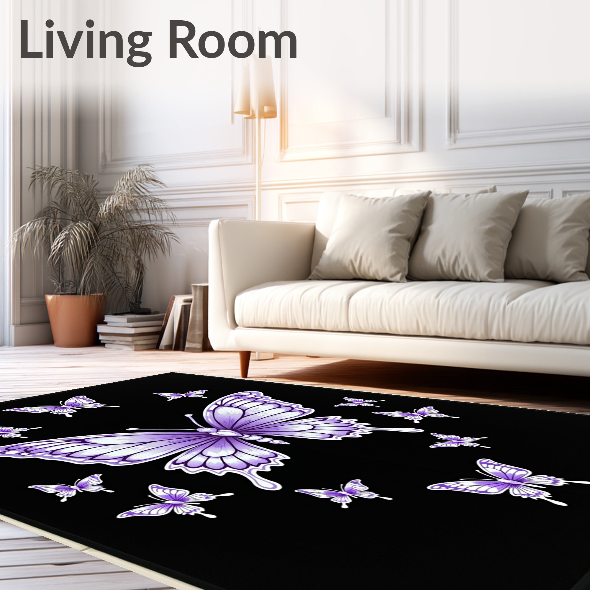 Purple Butterfly Collage Black Background Rug