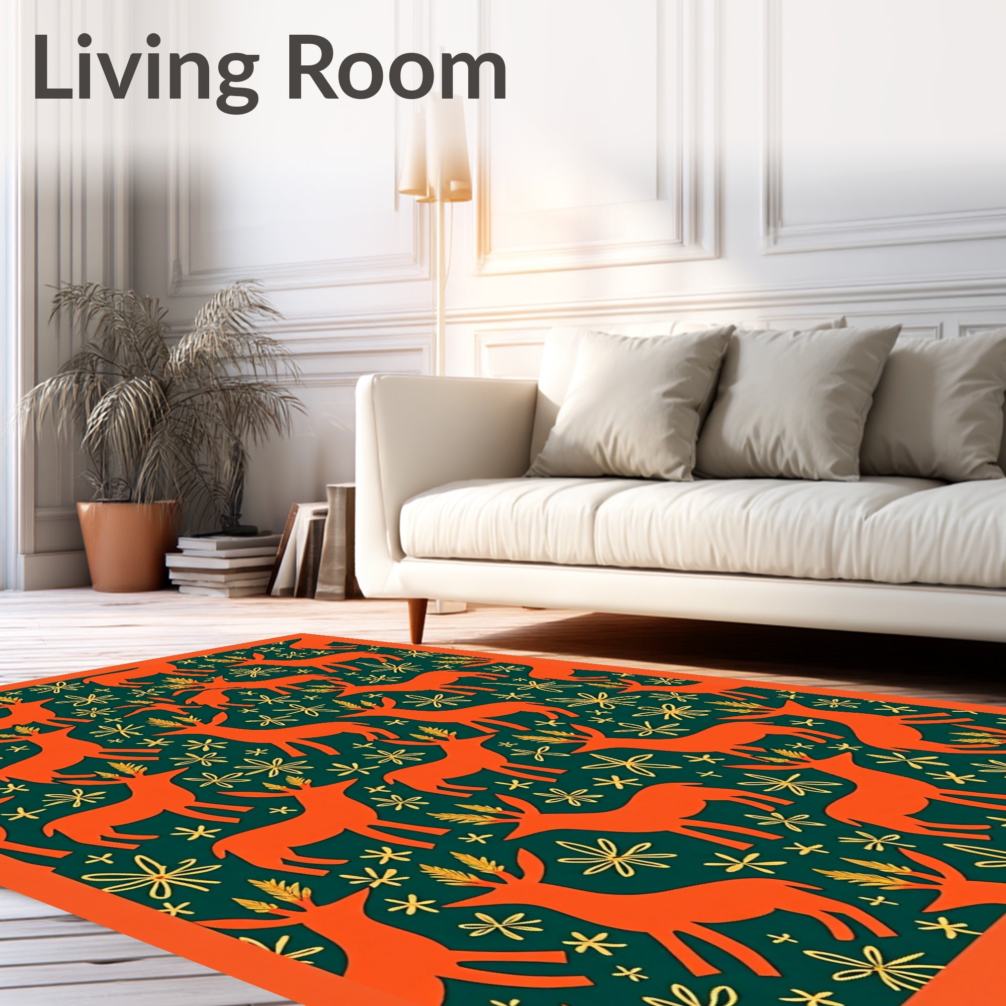 Orange Deer Golden Meadow Dark Green Rug