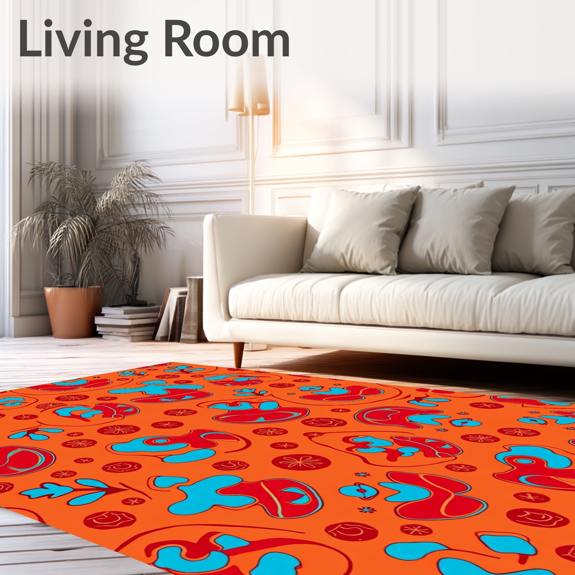 Bold Red Blue Organic Floral Orange Rug