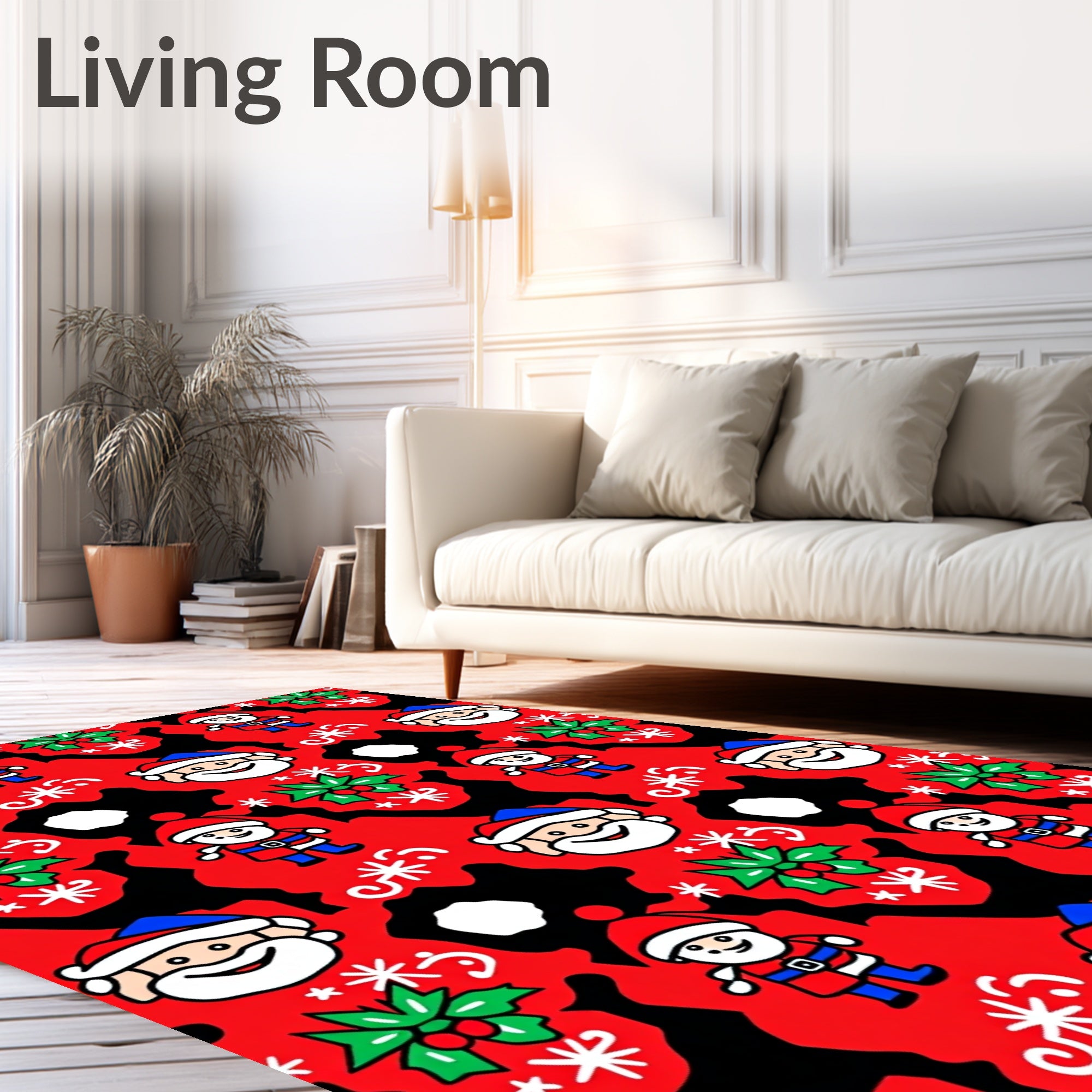 Whimsical Red Santa Claus Holly Snowflakes Rug
