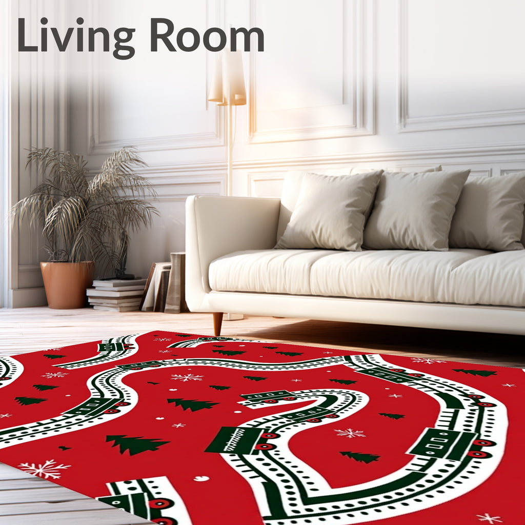 Christmas Train Snowflake Evergreen Trees Rug
