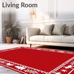 Festive Red White Reindeer Trees Border Rug