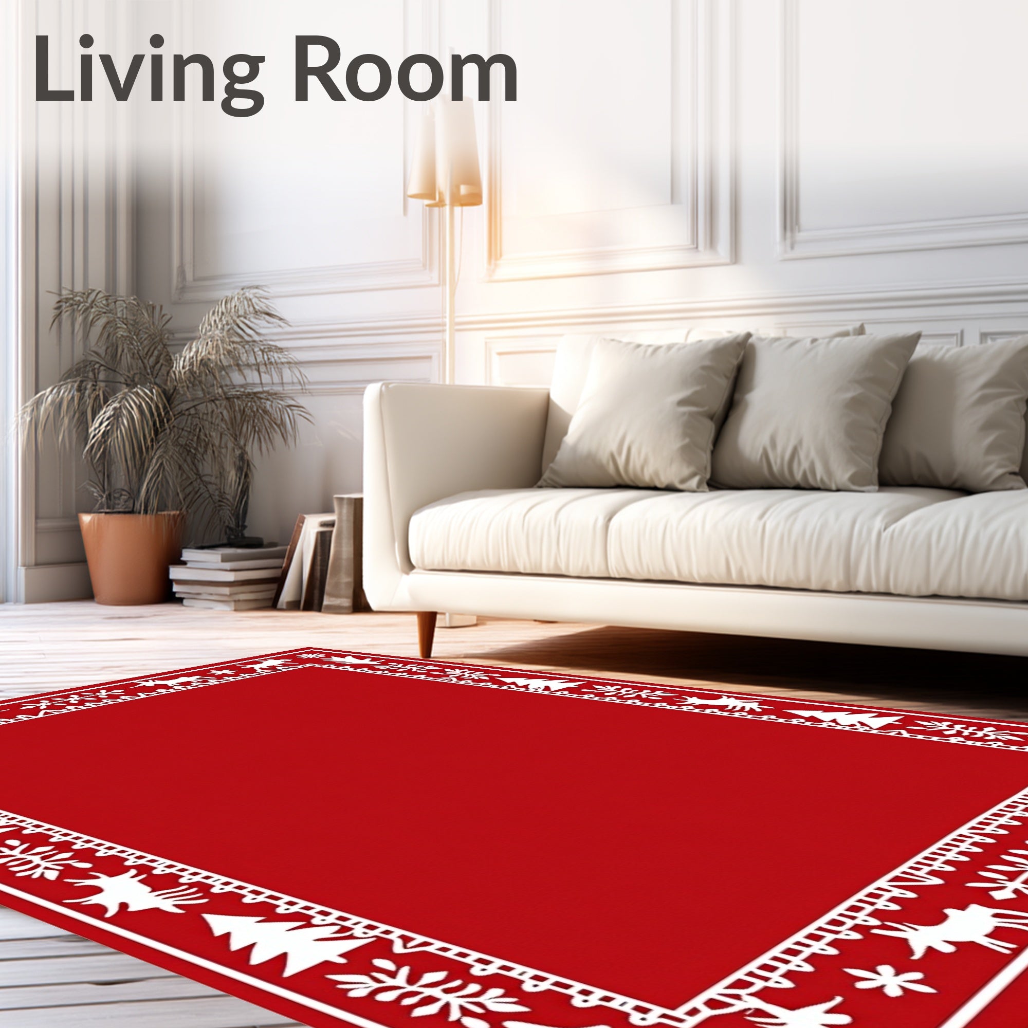Festive Red White Reindeer Trees Border Rug