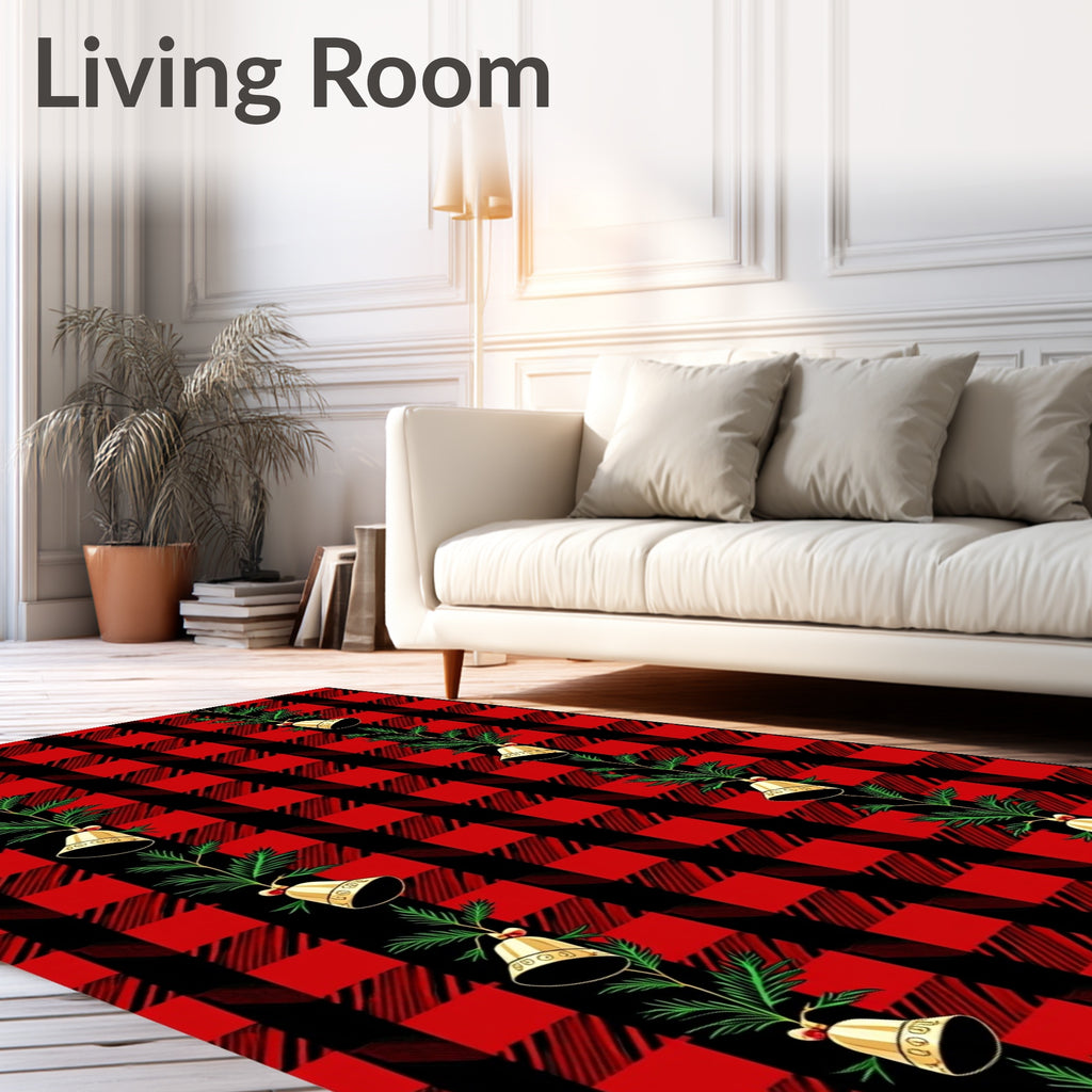 Red Black Buffalo Plaid Bells Garland Rug