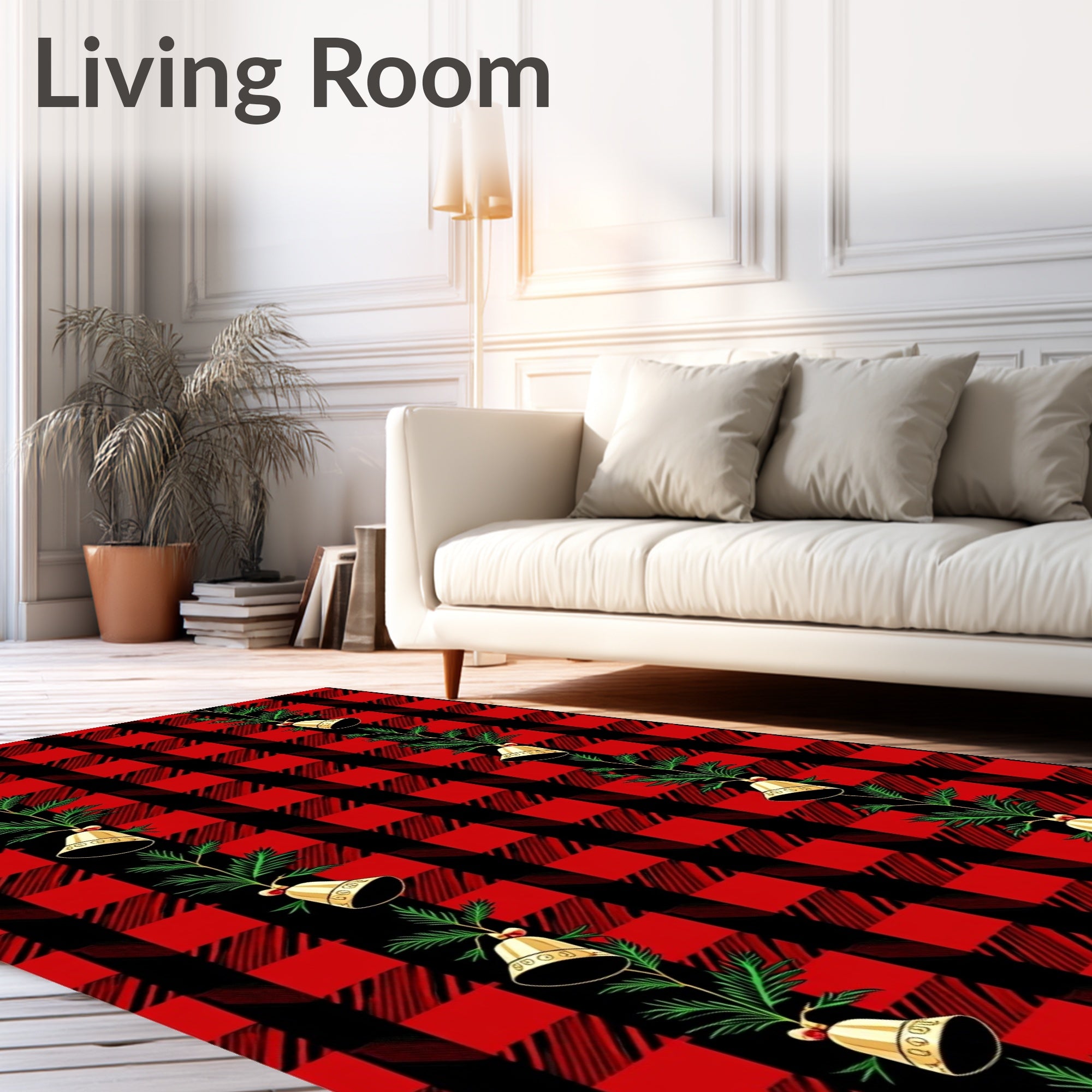 Red Black Buffalo Plaid Bells Garland Rug