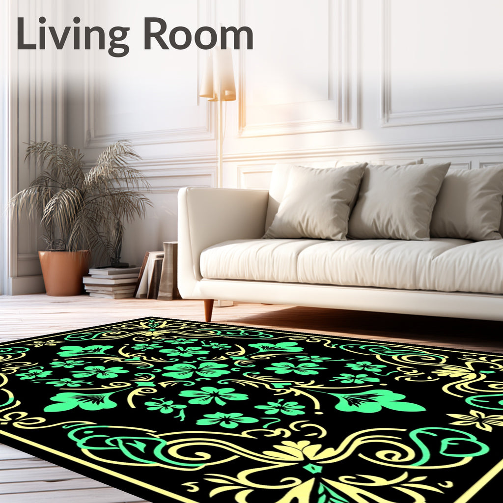 Vibrant Green Yellow Floral Swirl Rug