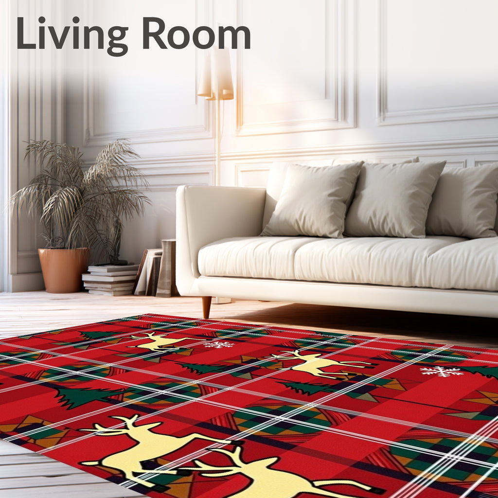 Crimson Red Tartan Deer Christmas Trees Rug