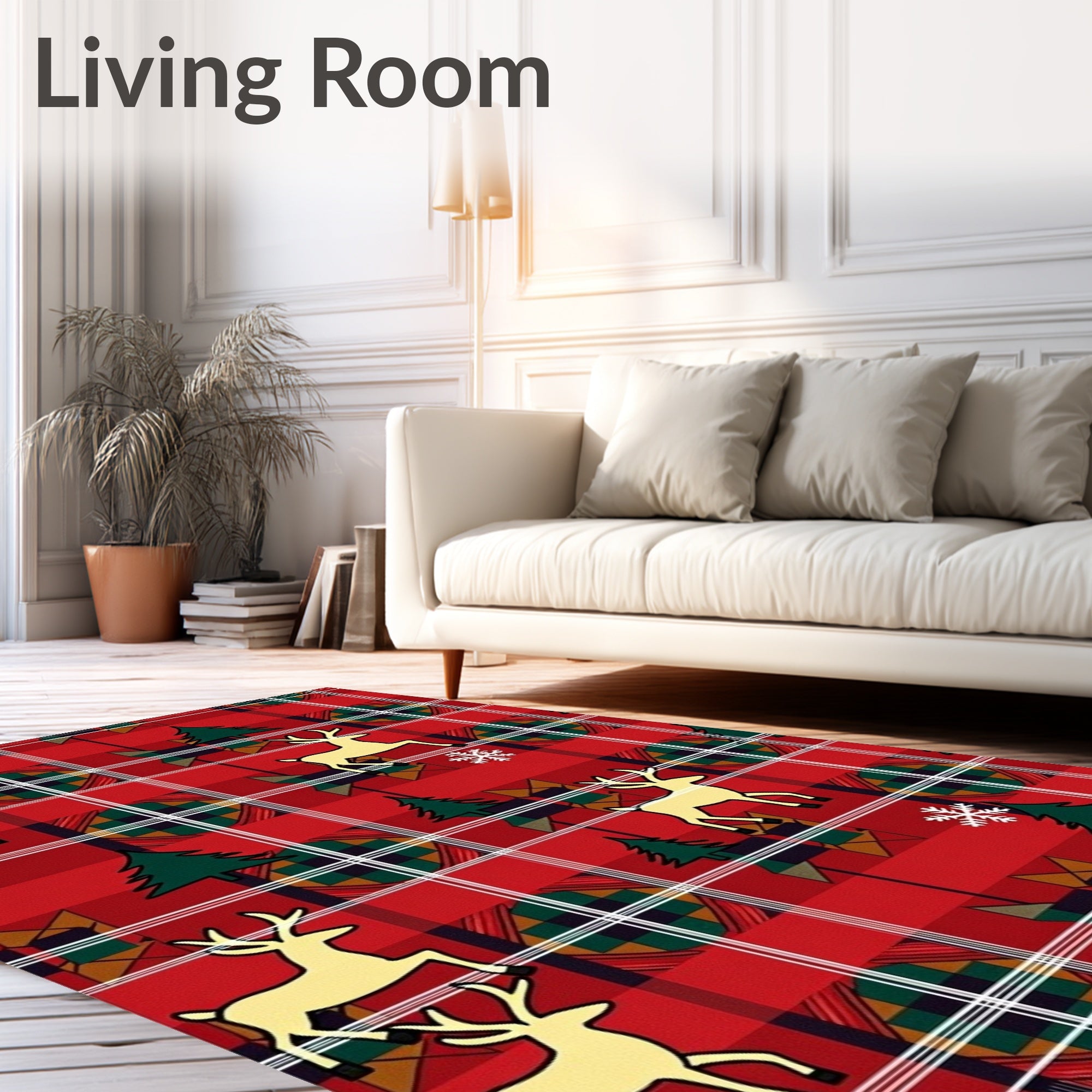 Crimson Red Tartan Deer Christmas Trees Rug