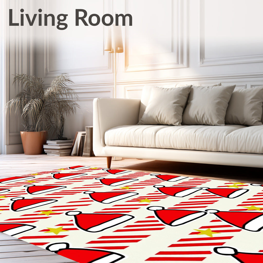Red Santa Hats Yellow Stars Stripes Rug
