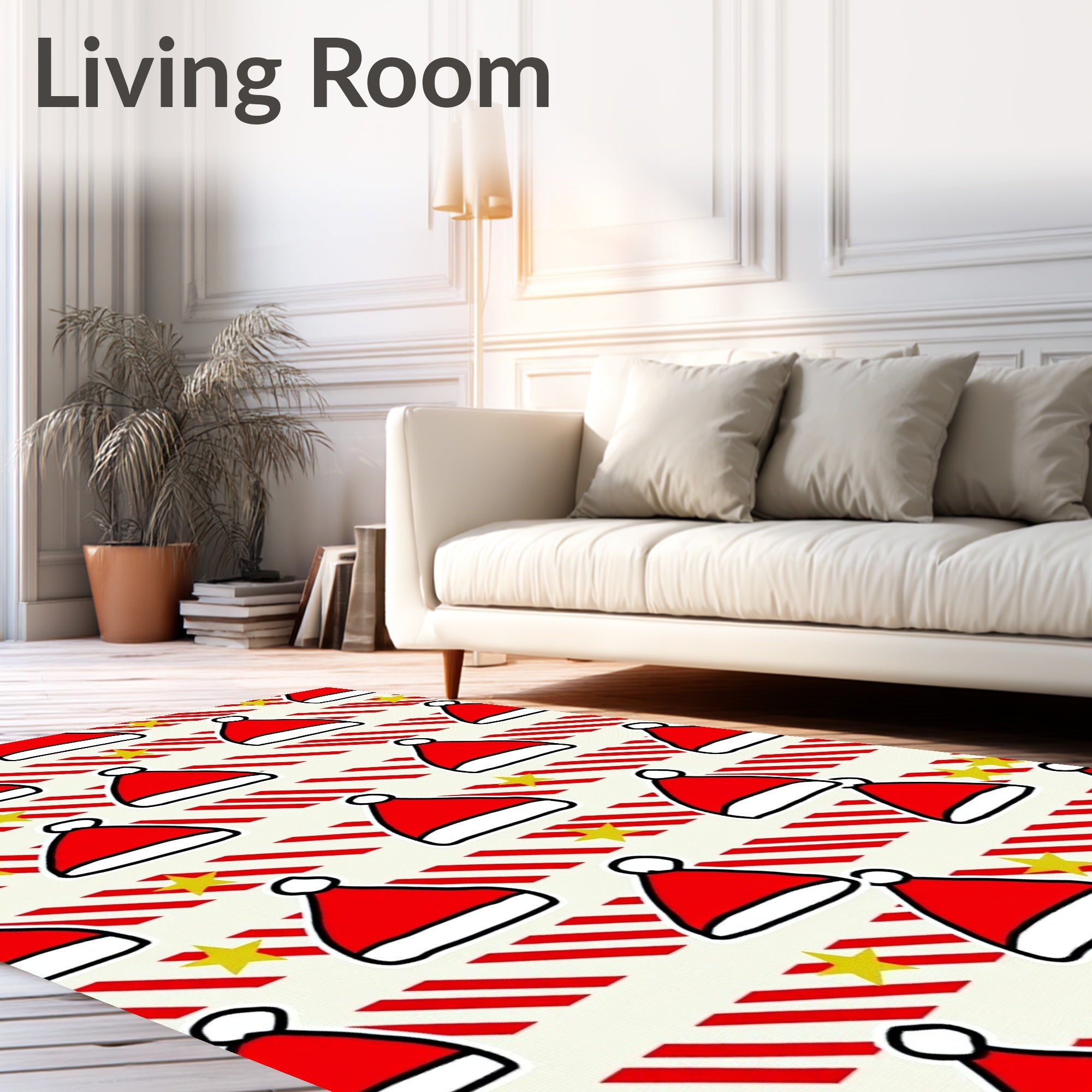 Red Santa Hats Yellow Stars Stripes Rug