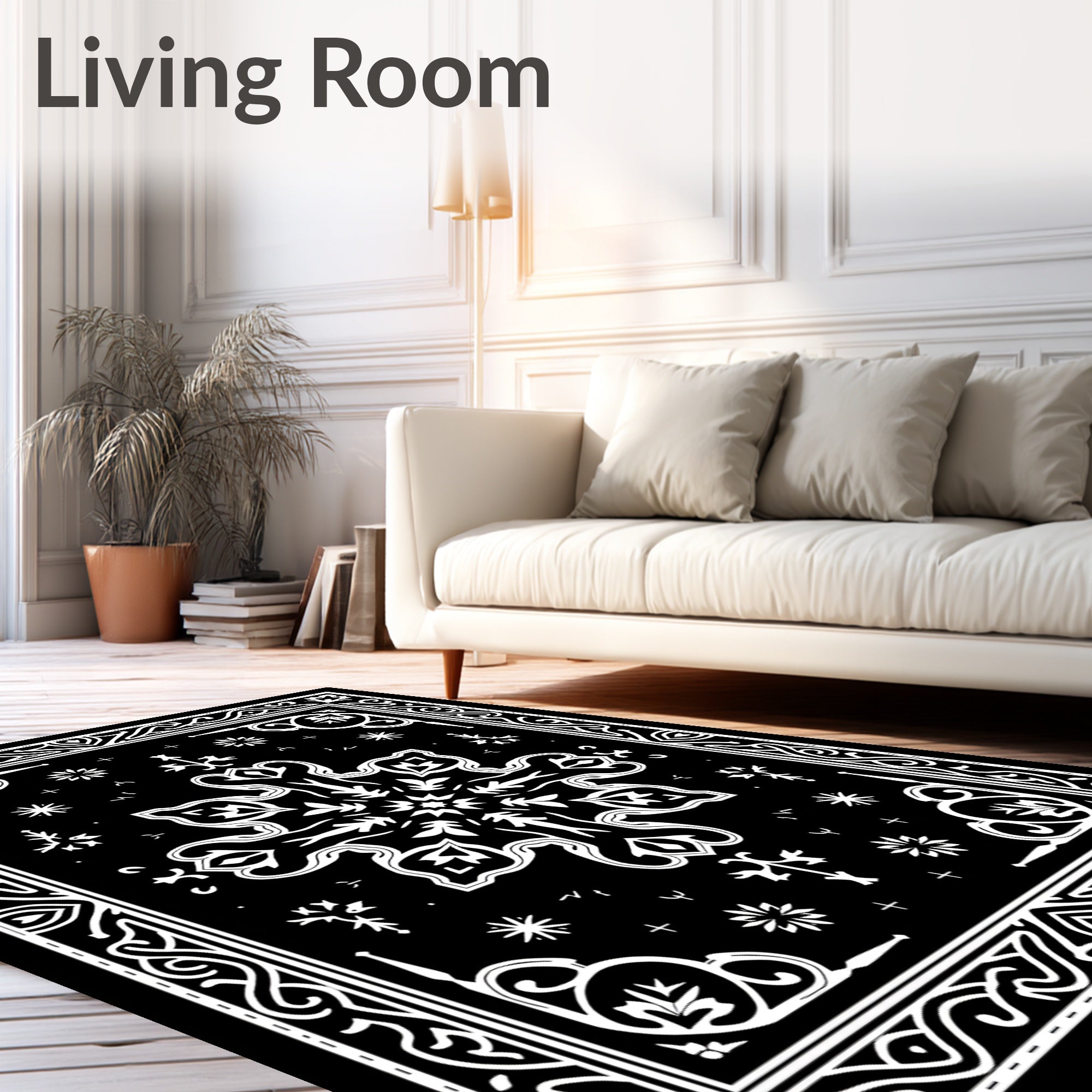 Black and White Floral Mandala Frame Rug