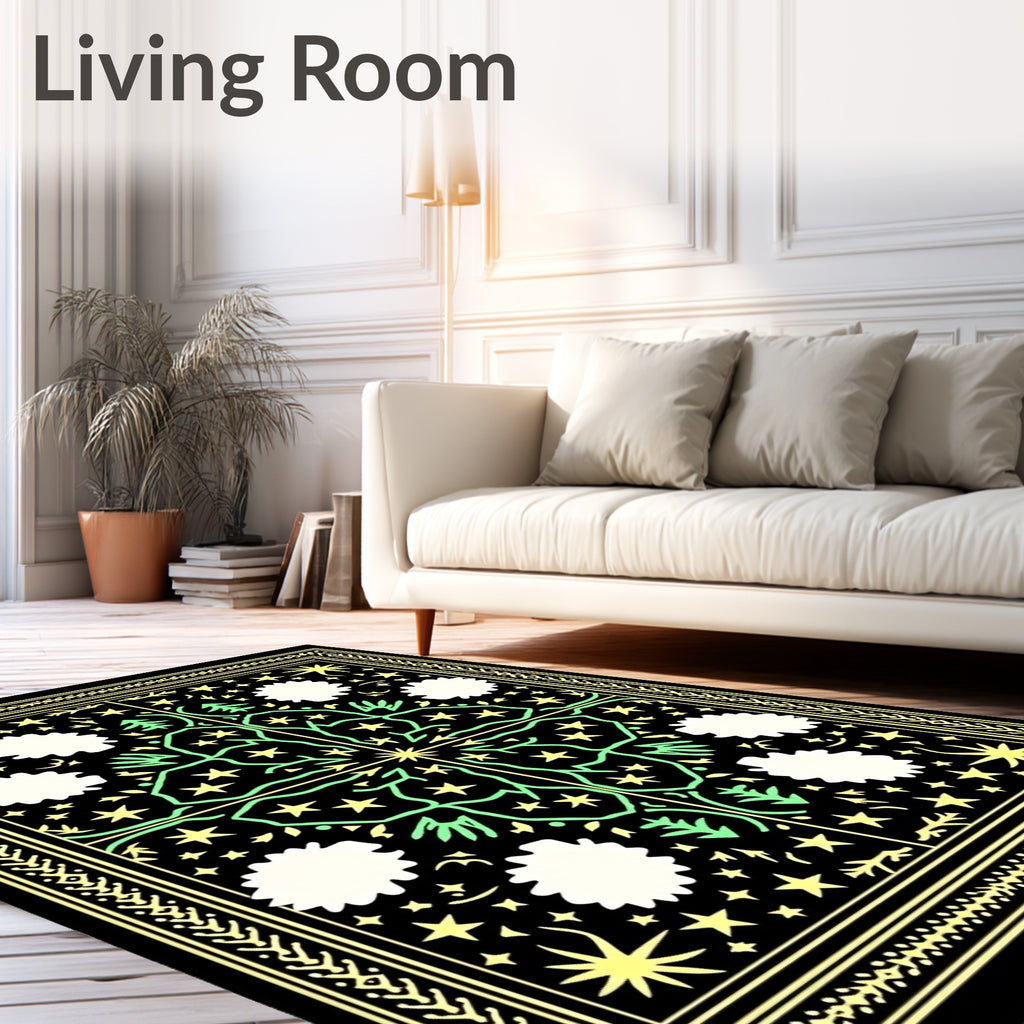 Cosmic Black Yellow Green Starry Trees Rug