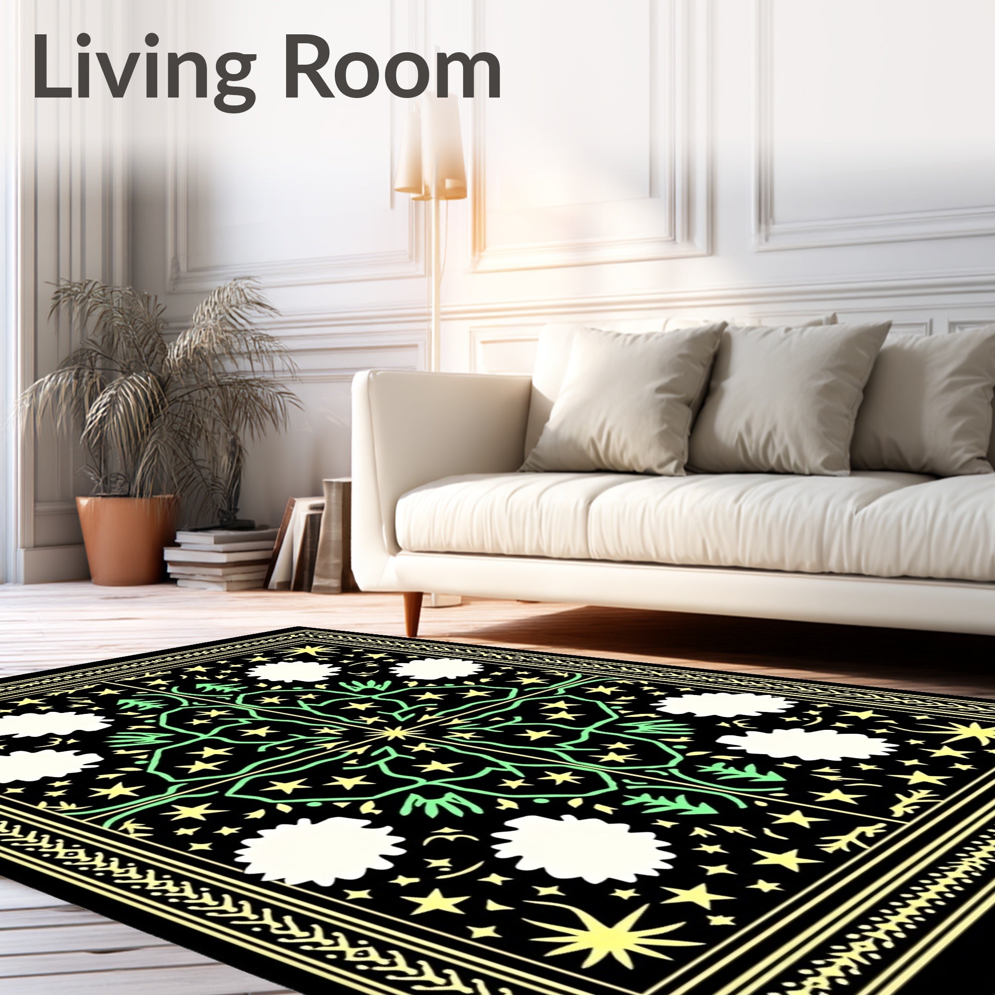Cosmic Black Yellow Green Starry Trees Rug