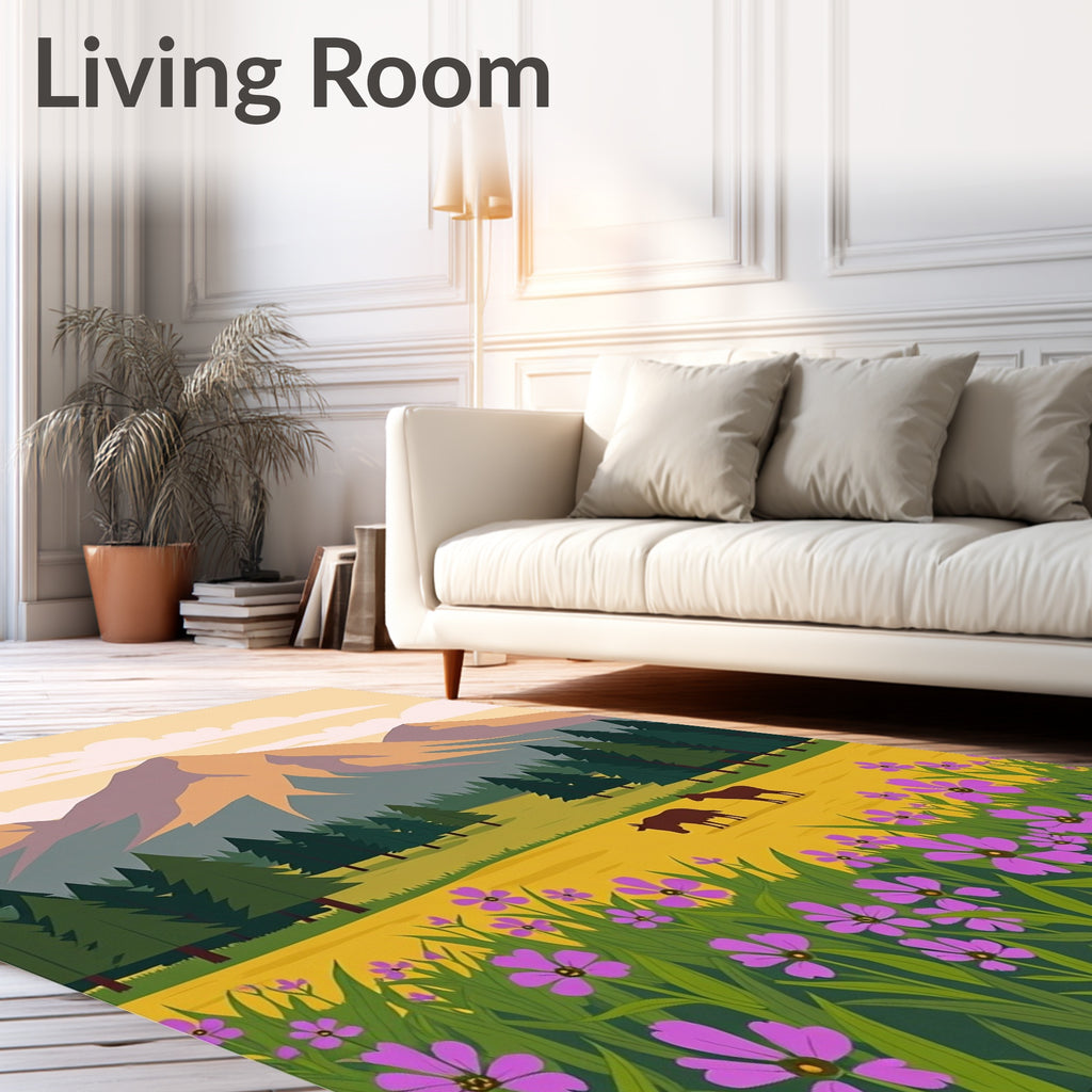 Purple Wildflower Meadow Mountain Scene Rug