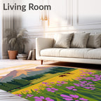Purple Wildflower Meadow Mountain Scene Rug