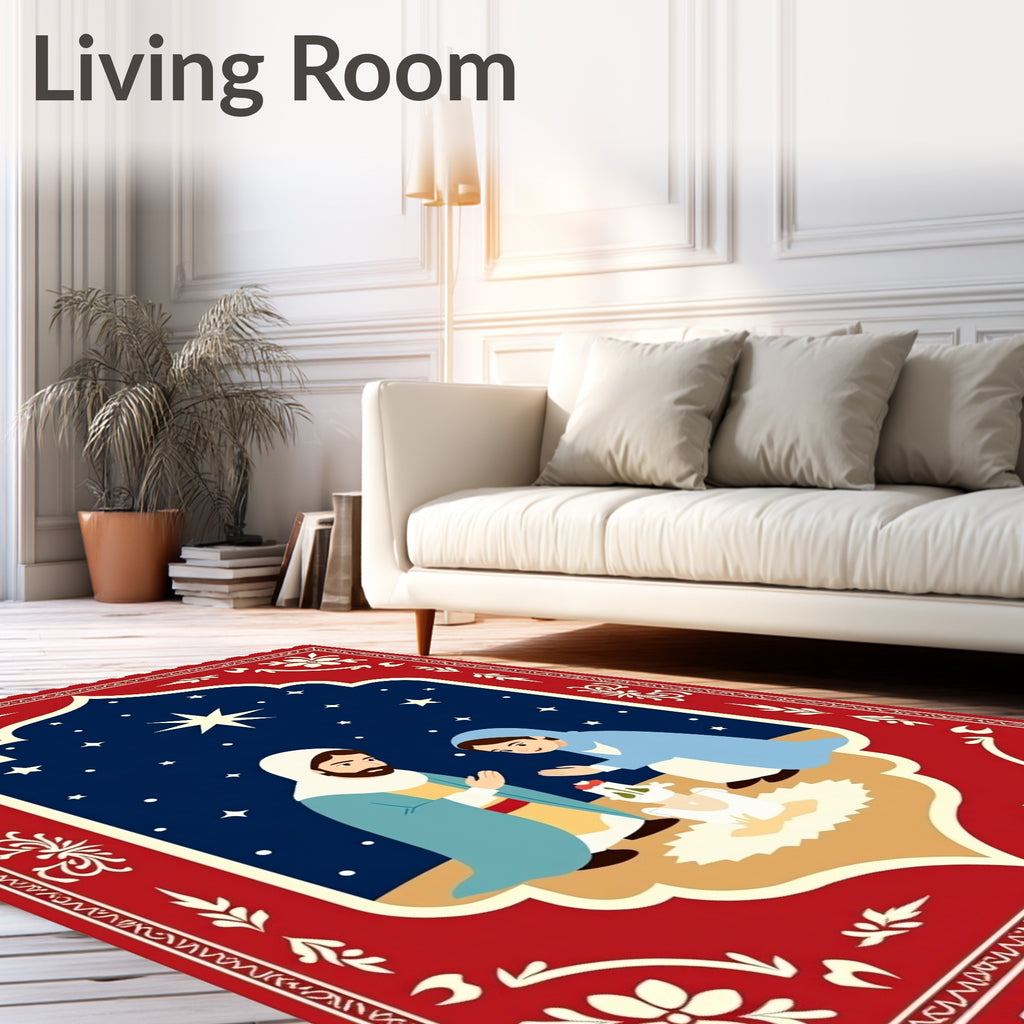 Crimson Festive Nativity Scene Rug