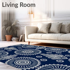 Navy White Ornate Floral Medallion Rug