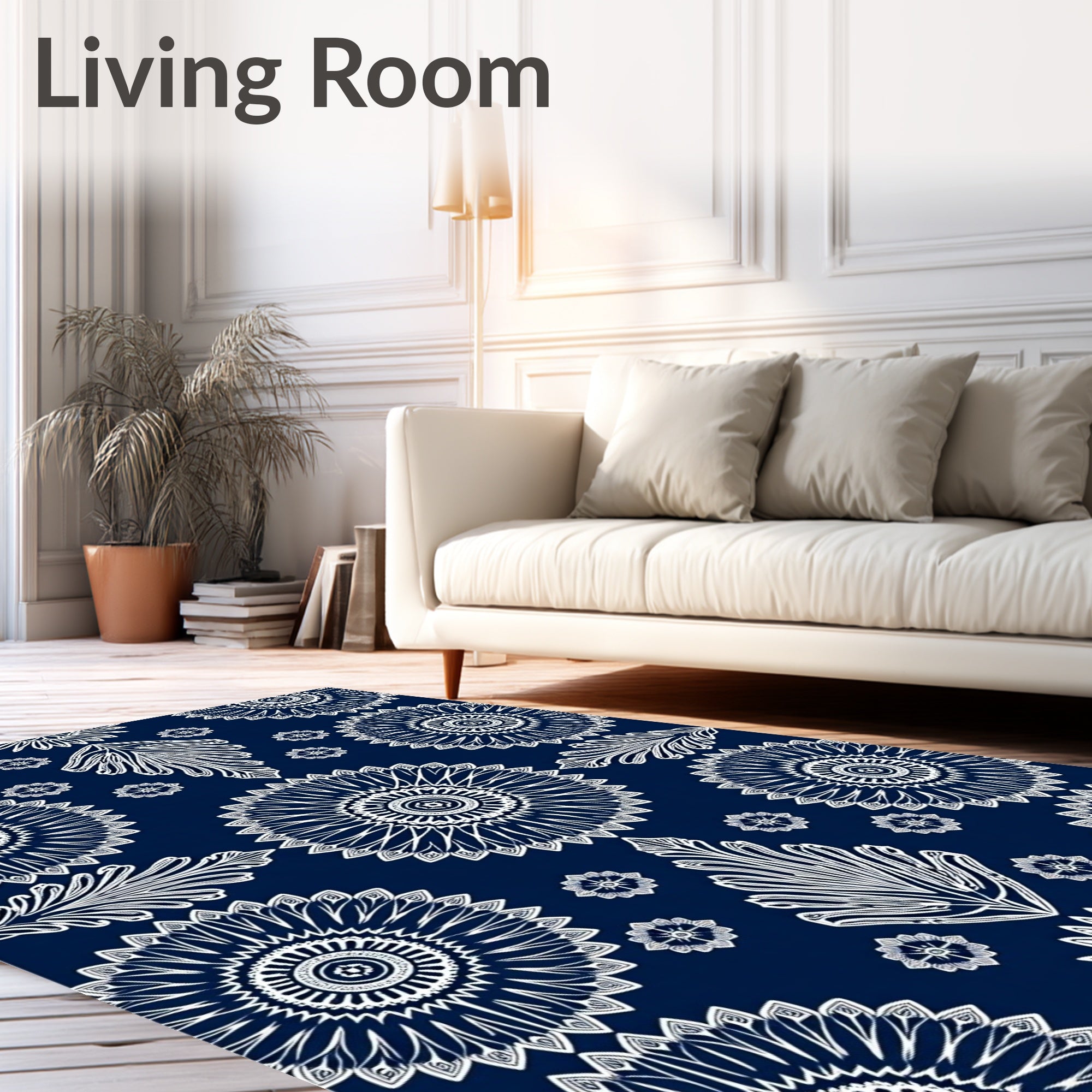 Navy White Ornate Floral Medallion Rug