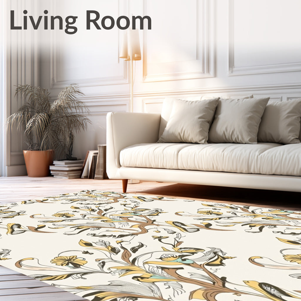 Earthy Yellow Leafy Scrollwork Rug
