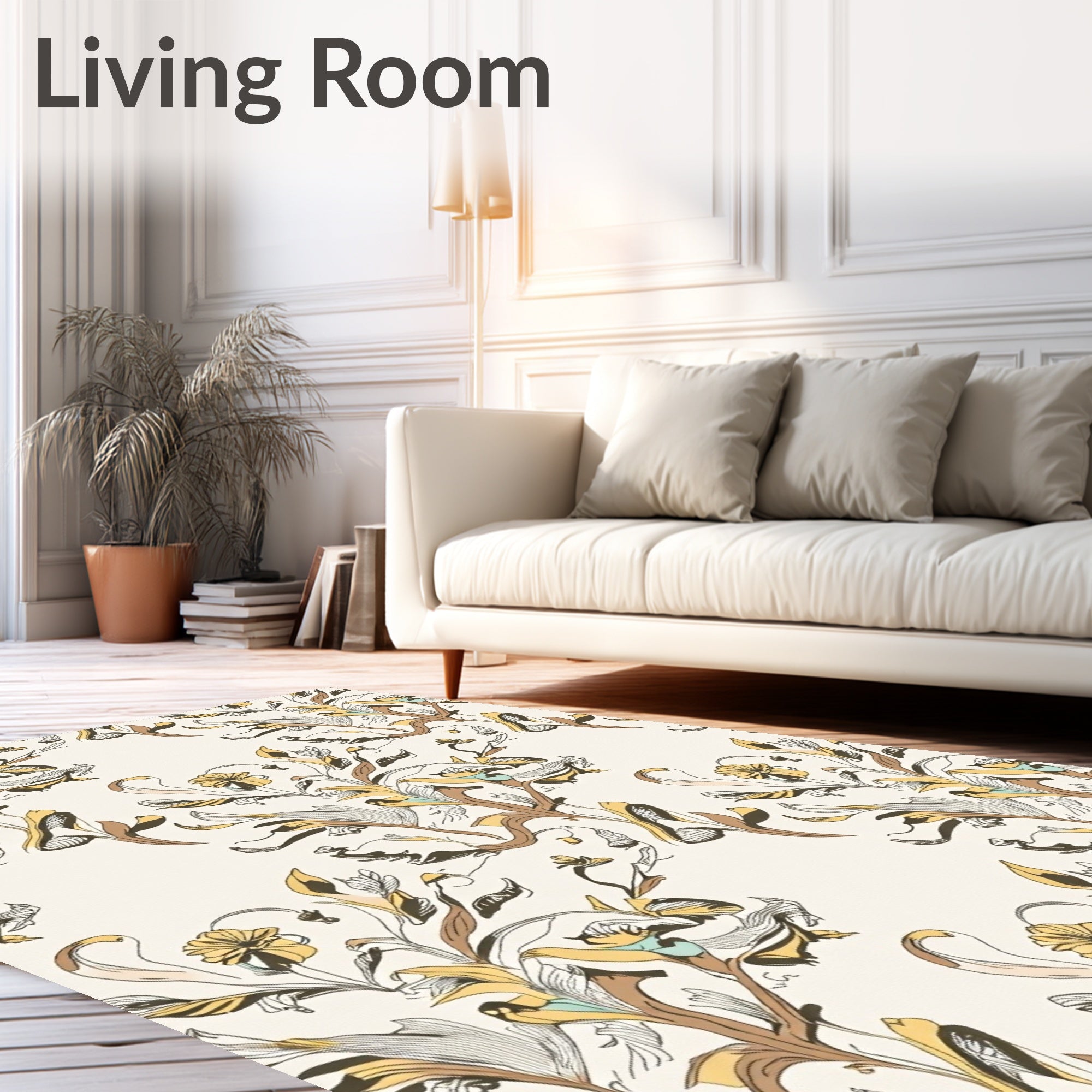Earthy Yellow Leafy Scrollwork Rug