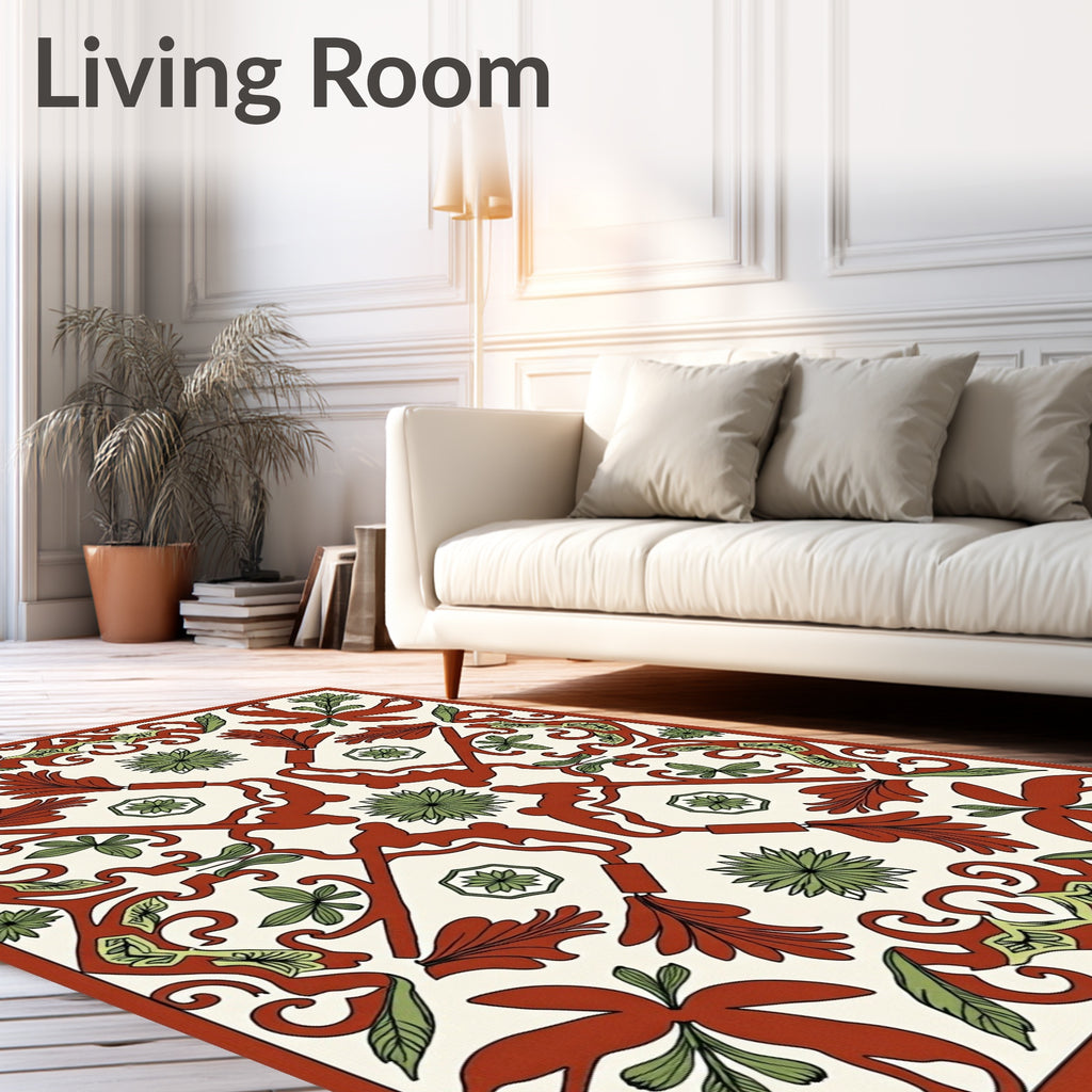 Terracotta Green Floral Botanical Medallion Rug