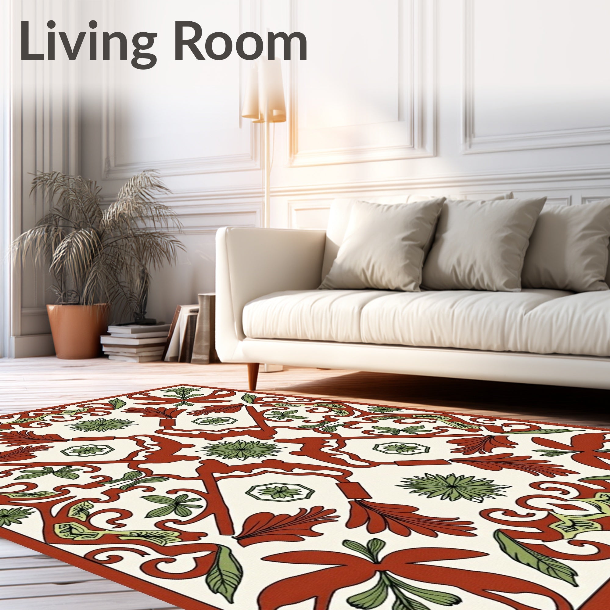 Terracotta Green Floral Botanical Medallion Rug