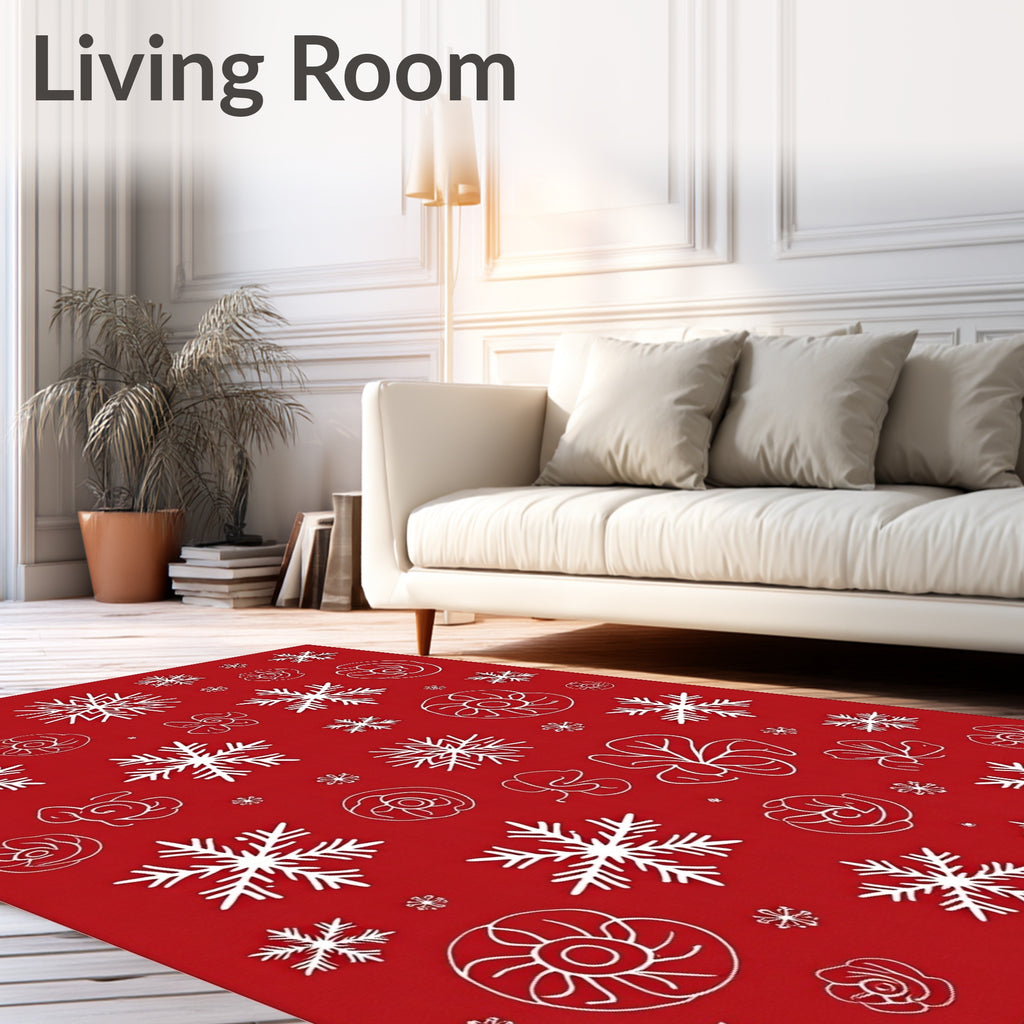 Crimson White Snowflake Floral Cluster Rug
