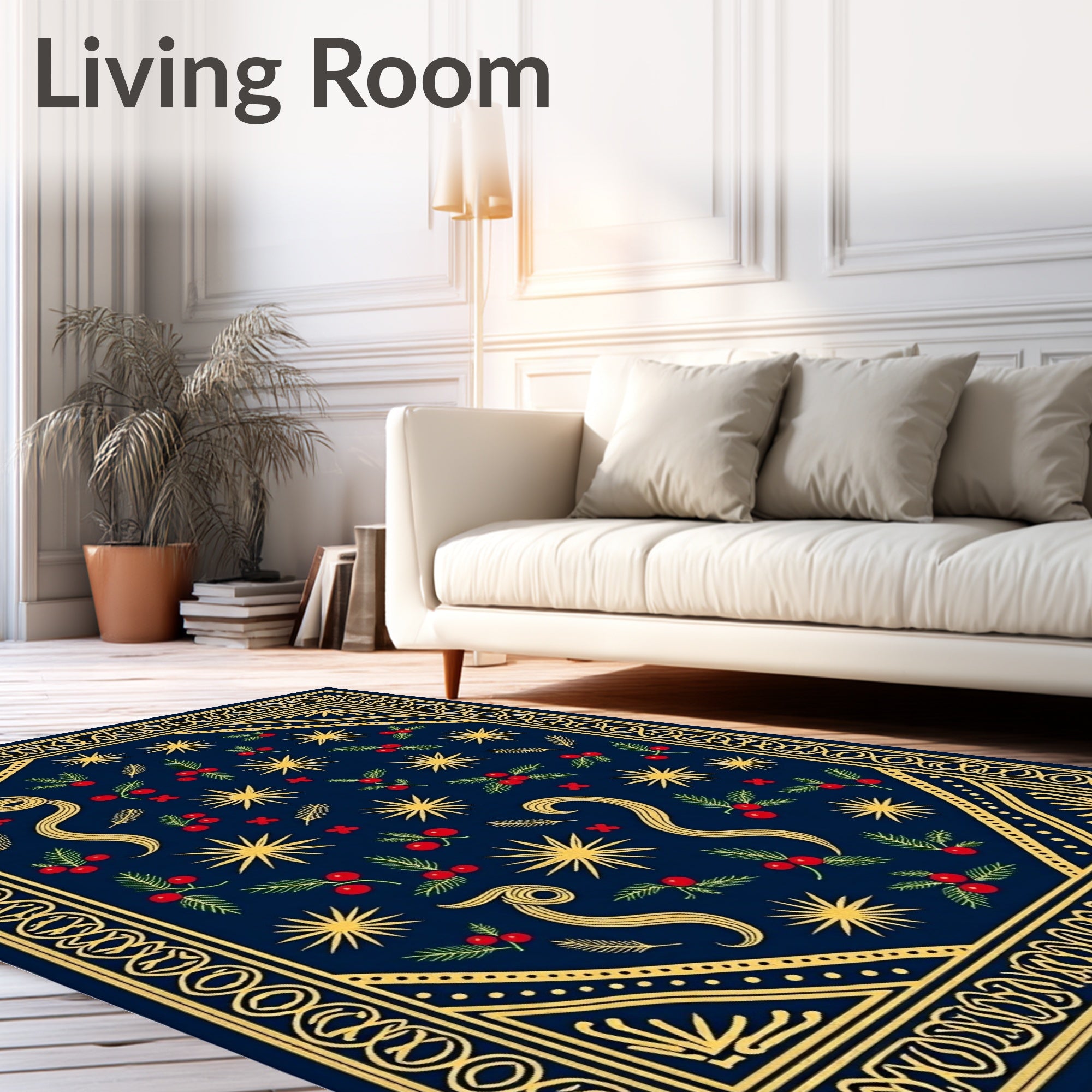 Navy Blue Golden Star Holly Sprig Rug