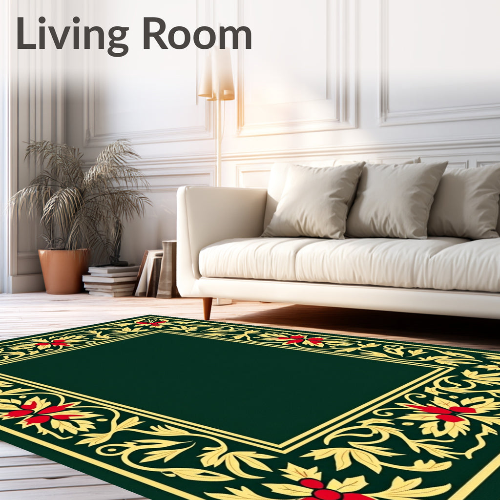 Regal Green Floral Scroll Border Rug