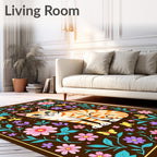 Whimsical Ginger Cat Floral Butterfly Garden Rug