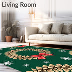 Festive Green Wreath Red Bow Snowflakes Rug