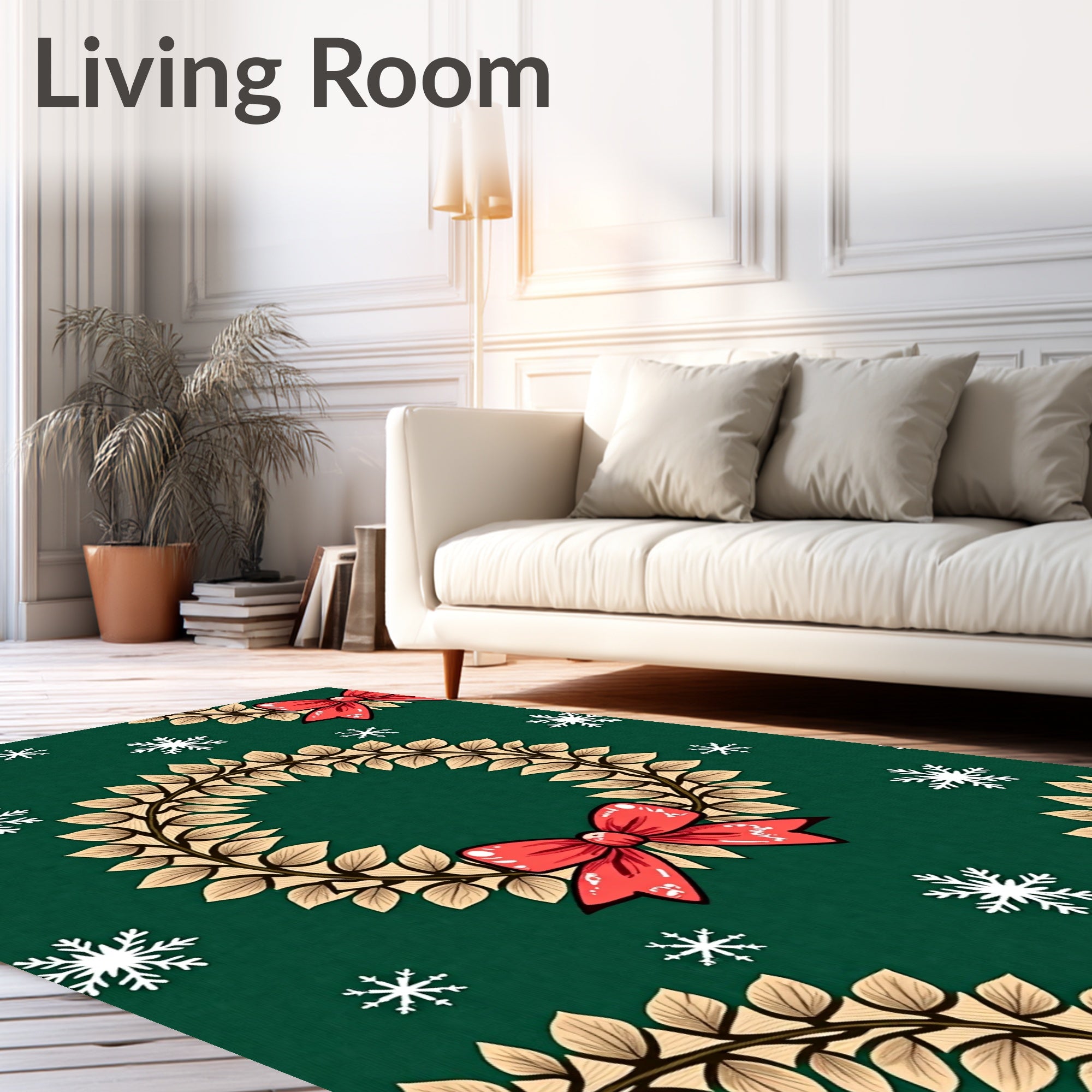Festive Green Wreath Red Bow Snowflakes Rug