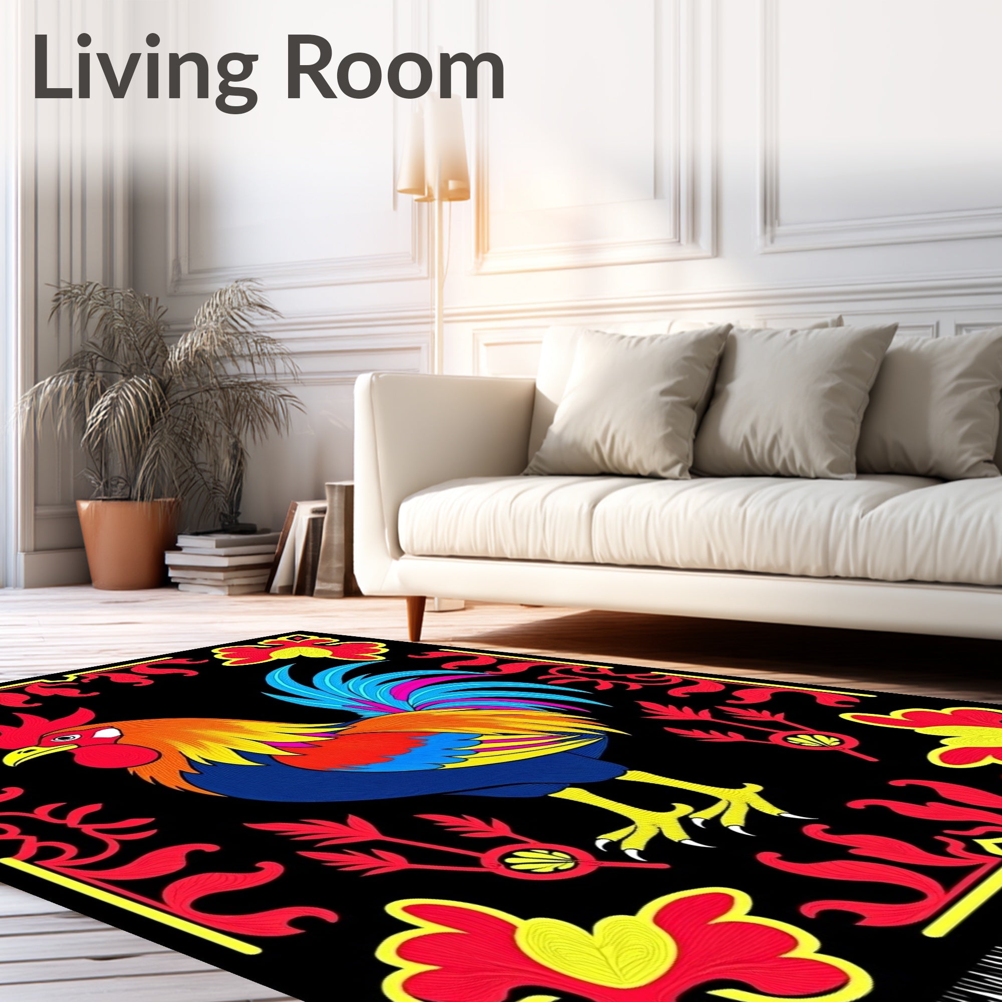 Vibrant Rooster Floral Border Rug