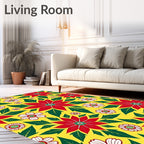 Vibrant Red White Floral Yellow Background Rug
