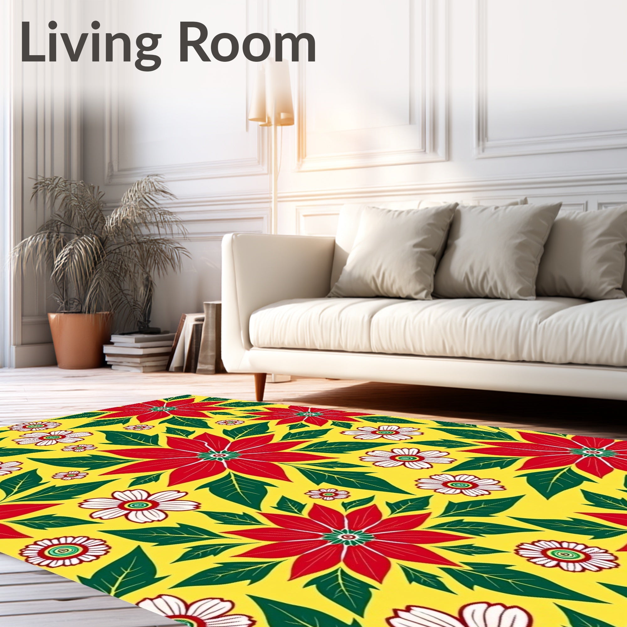 Vibrant Red White Floral Yellow Background Rug