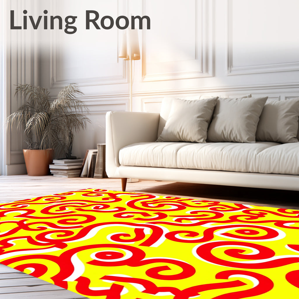 Bold Red Swirls on Bright Yellow Rug
