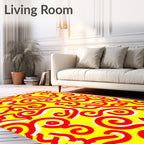 Bold Red Swirls on Bright Yellow Rug