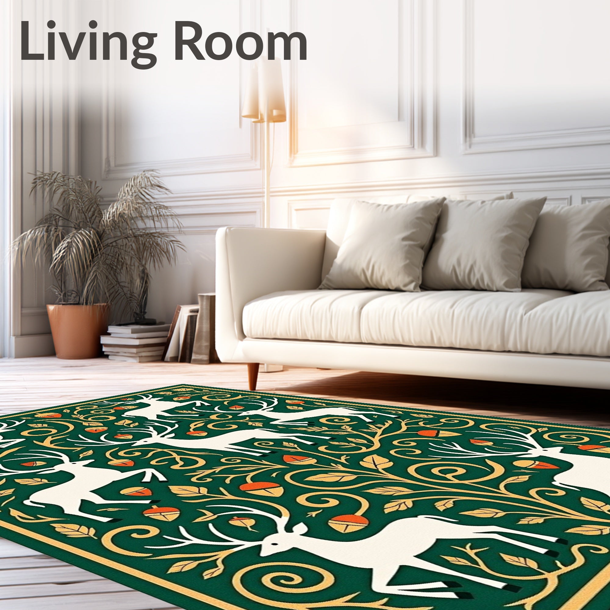 White Deer Forest Gold Acorn Swirl Rug