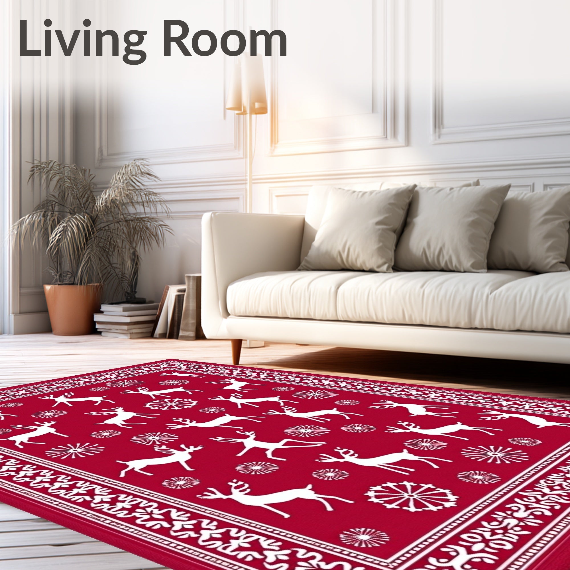 Red White Reindeer Snowflake Christmas Rug
