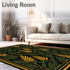 Dark Green Golden Leaf Branch Art Rug