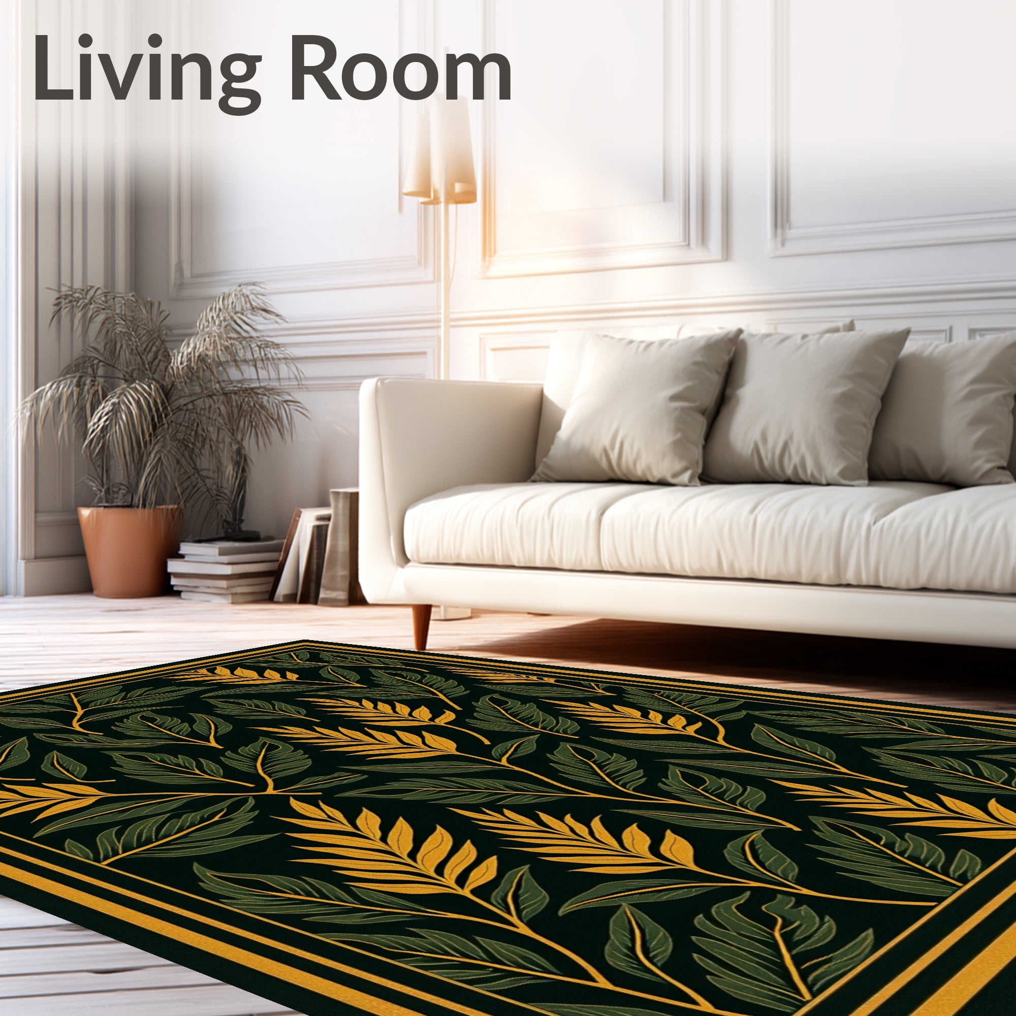 Dark Green Golden Leaf Branch Art Rug
