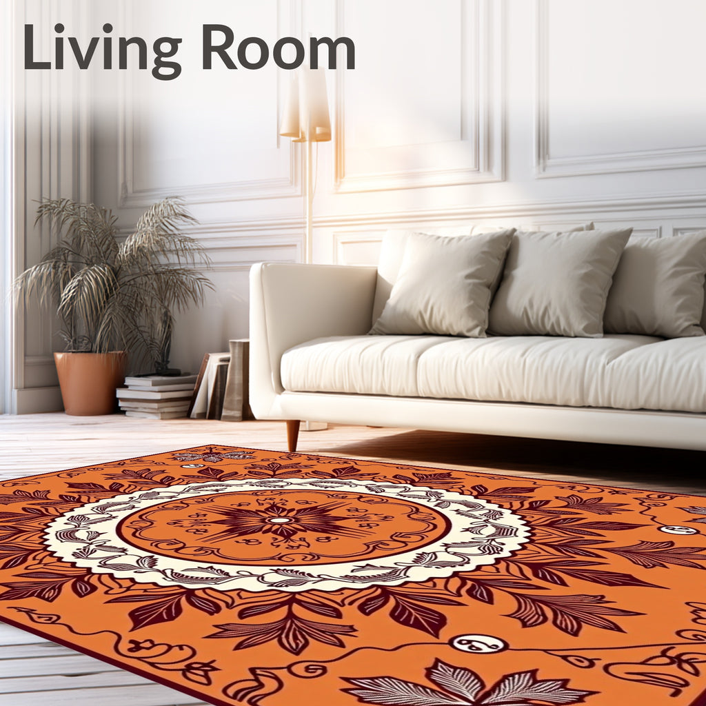 Crimson Floral Medallion on Orange Rug