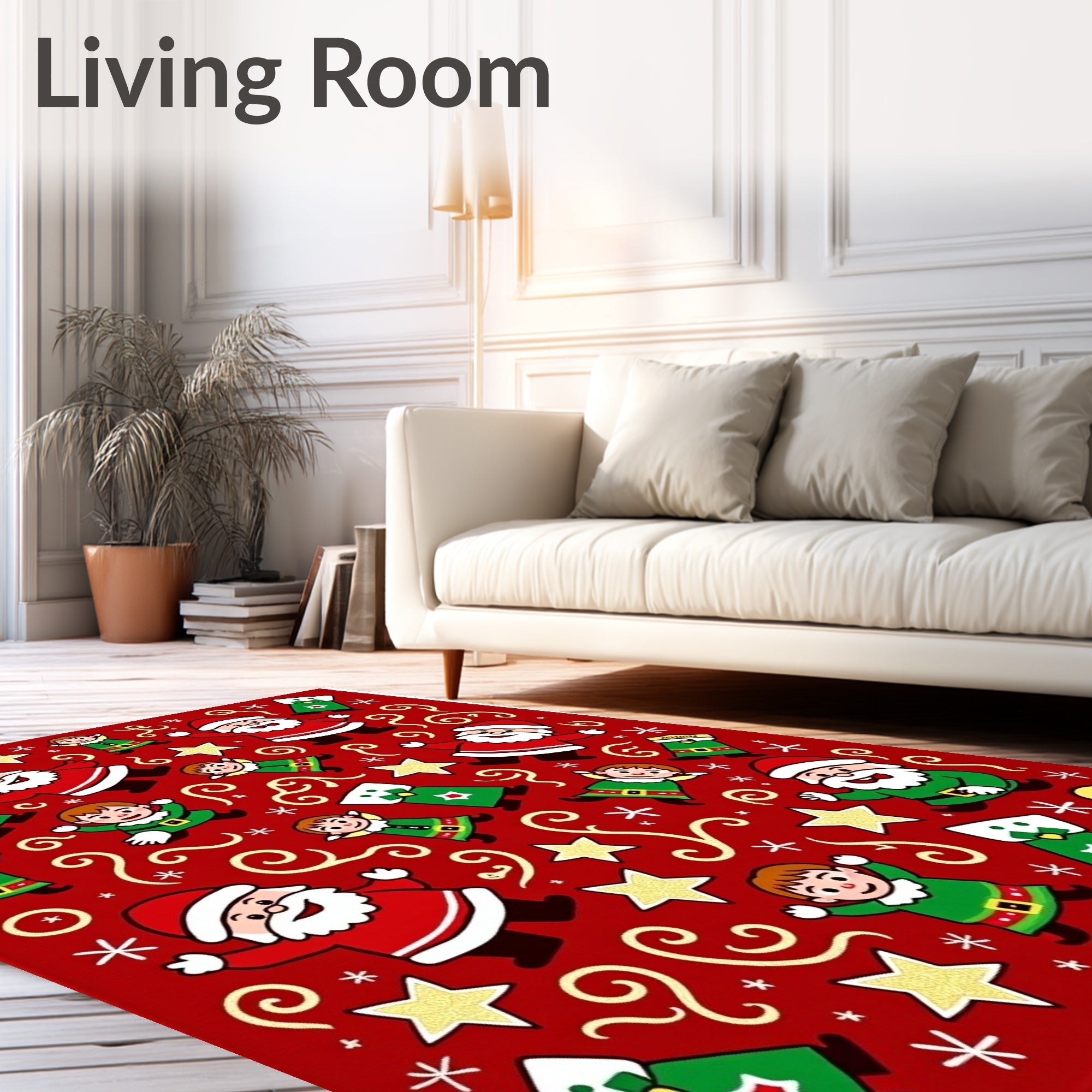 Jolly Santa Elves Yellow Bird Stars Rug