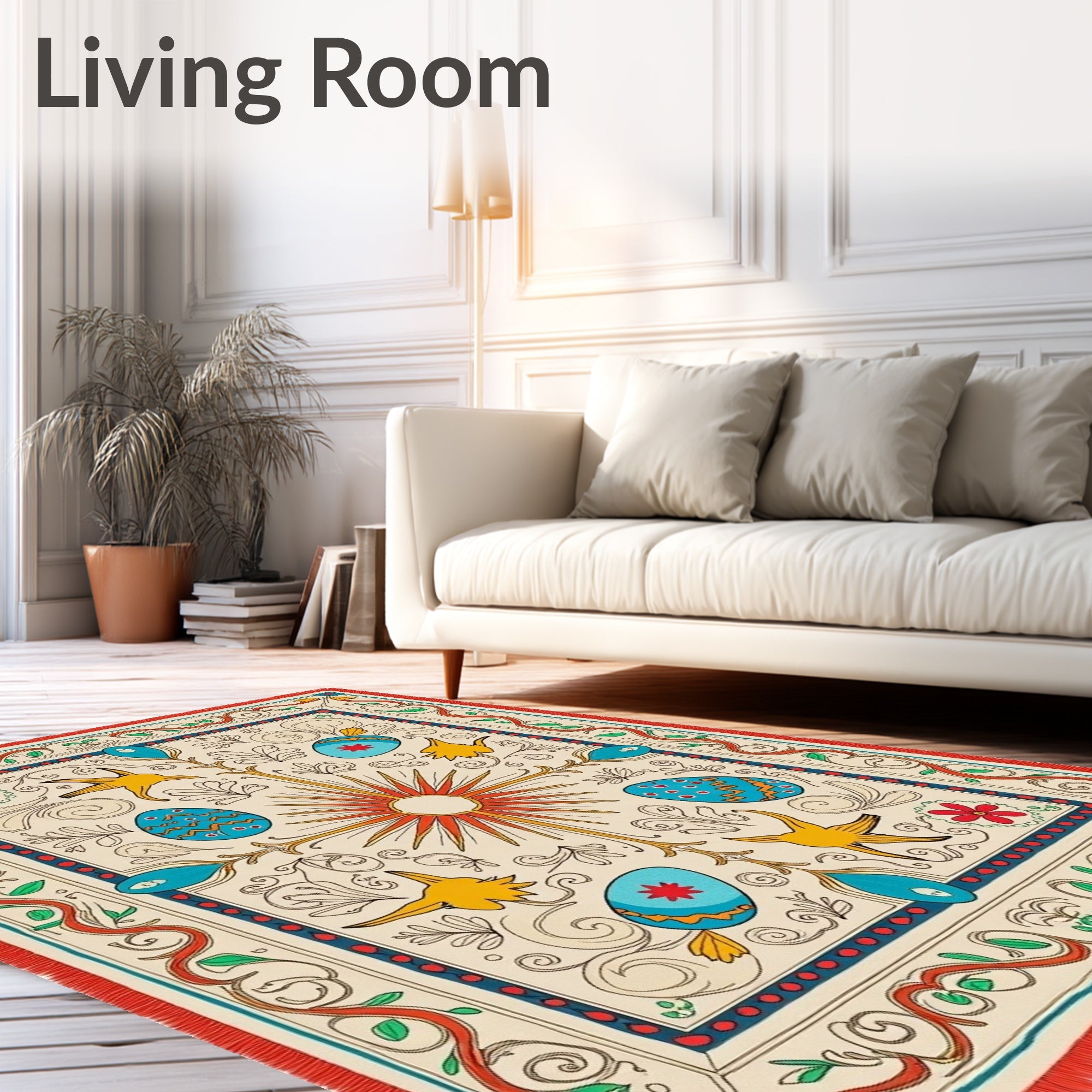 Eclectic Yellow Birds Easter Eggs Sunburst Rug