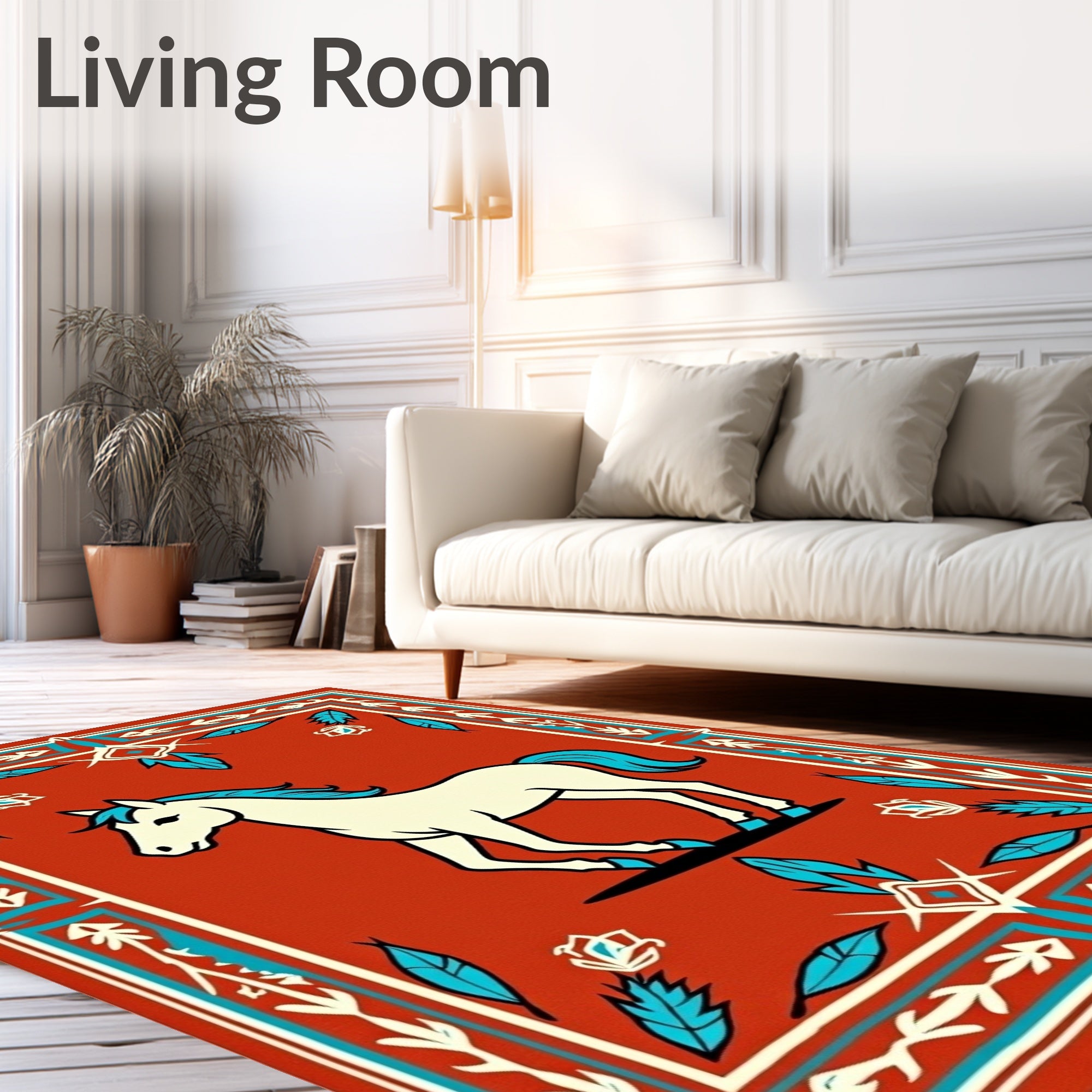 Cream Horse Crimson Teal Border Rug