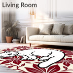 Crimson Floral White Cat Illustration Rug