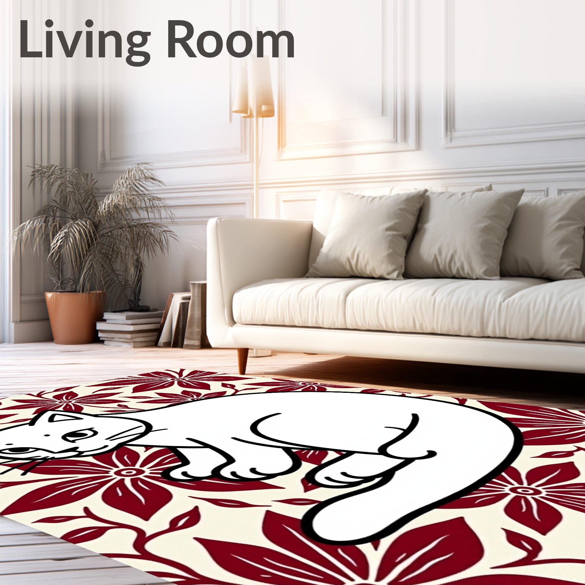 Crimson Floral White Cat Illustration Rug