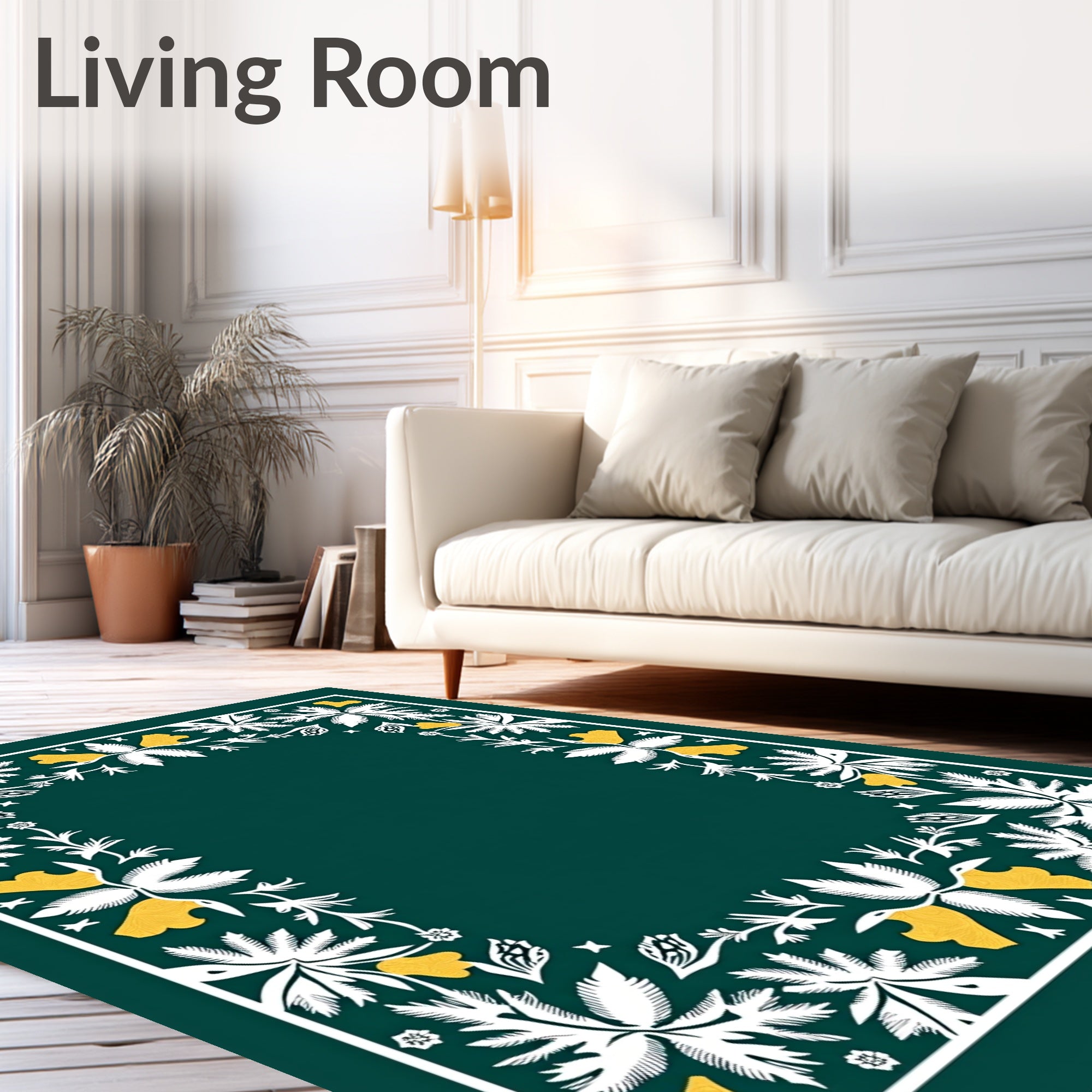 Forest Green Whimsical Floral Frame Rug