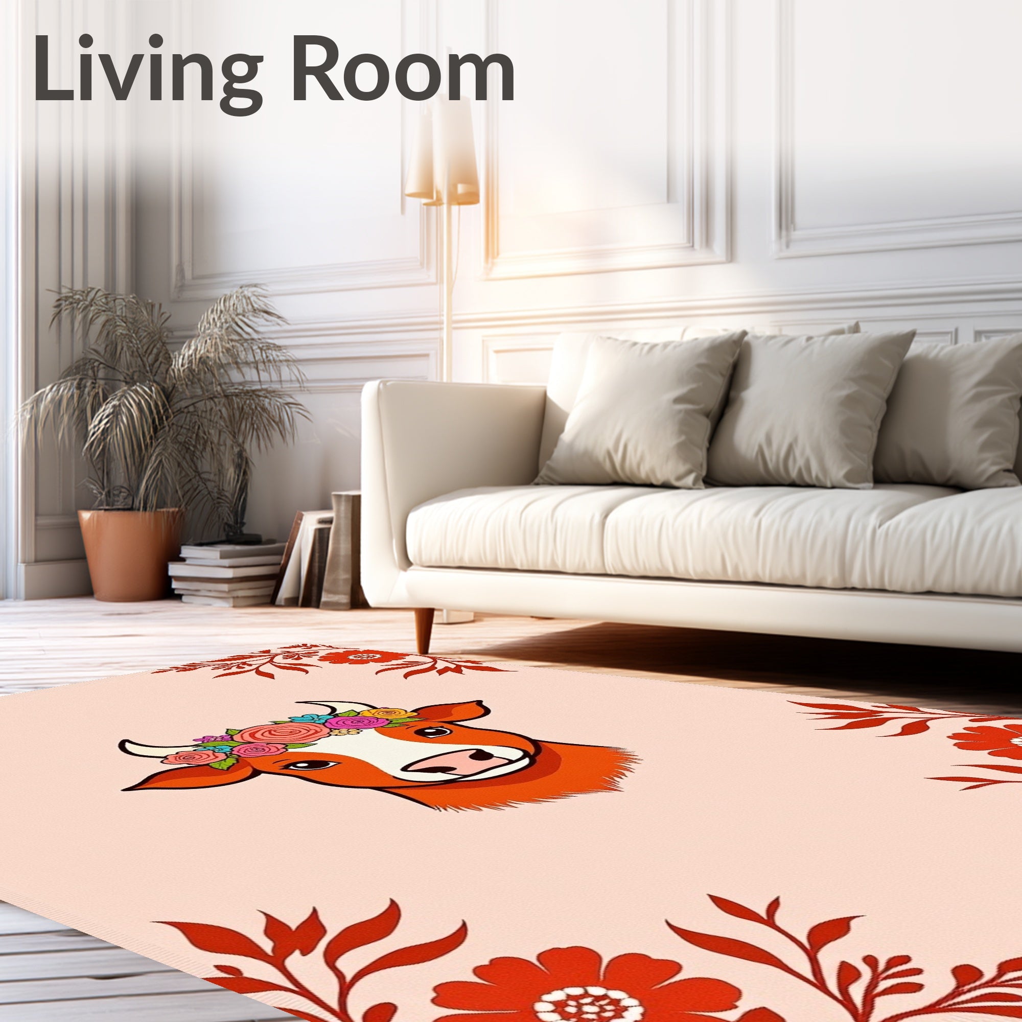 Whimsical Cow Floral Wreath Rug